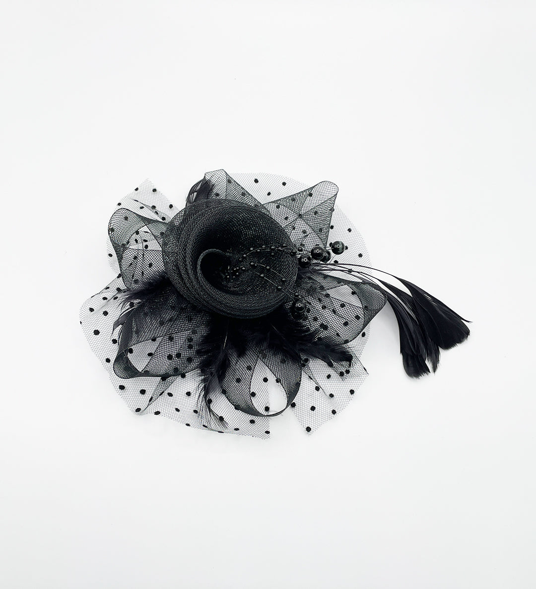 Rosette Faux Pearl & Polka Veil Feather Fascinator in Black