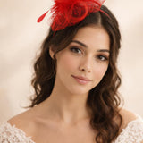Rosette Faux Pearl & Polka Veil Feather Fascinator in Red