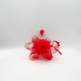 Rosette Faux Pearl & Polka Veil Feather Fascinator in Red