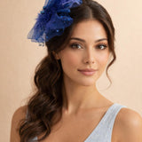 Rosette Faux Pearl & Polka Veil Feather Fascinator in Navy