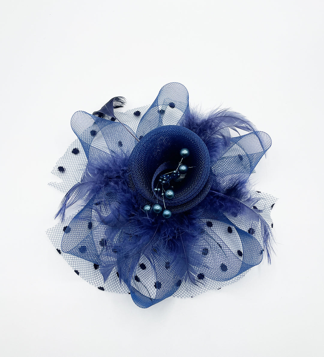 Rosette Faux Pearl & Polka Veil Feather Fascinator in Navy