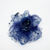 Rosette Faux Pearl & Polka Veil Feather Fascinator in Navy