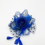 Rosette Faux Pearl & Polka Veil Feather Fascinator in Blue