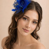 Rosette Faux Pearl & Polka Veil Feather Fascinator in Blue