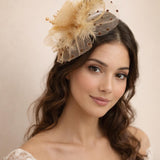 Rosette Faux Pearl & Polka Veil Feather Fascinator in Gold