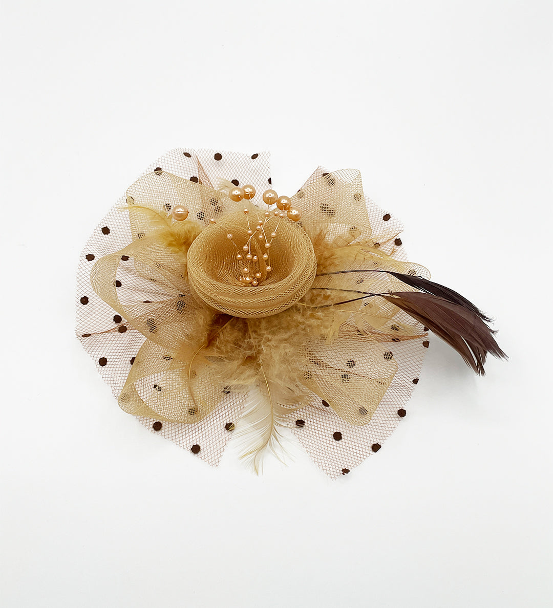 Rosette Faux Pearl & Polka Veil Feather Fascinator in Gold