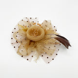 Rosette Faux Pearl & Polka Veil Feather Fascinator in Gold