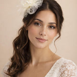 Rosette Faux Pearl & Polka Veil Feather Fascinator in Cream