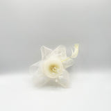 Rosette Faux Pearl & Polka Veil Feather Fascinator in Cream