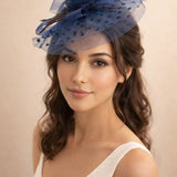 Floral Bow & Polka Veil Fascinator in Navy