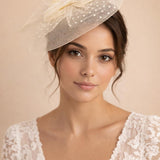 Floral Bow & Polka Veil Fascinator in Cream