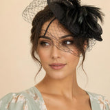 Large Feather & Net Disc Fascinator in Black