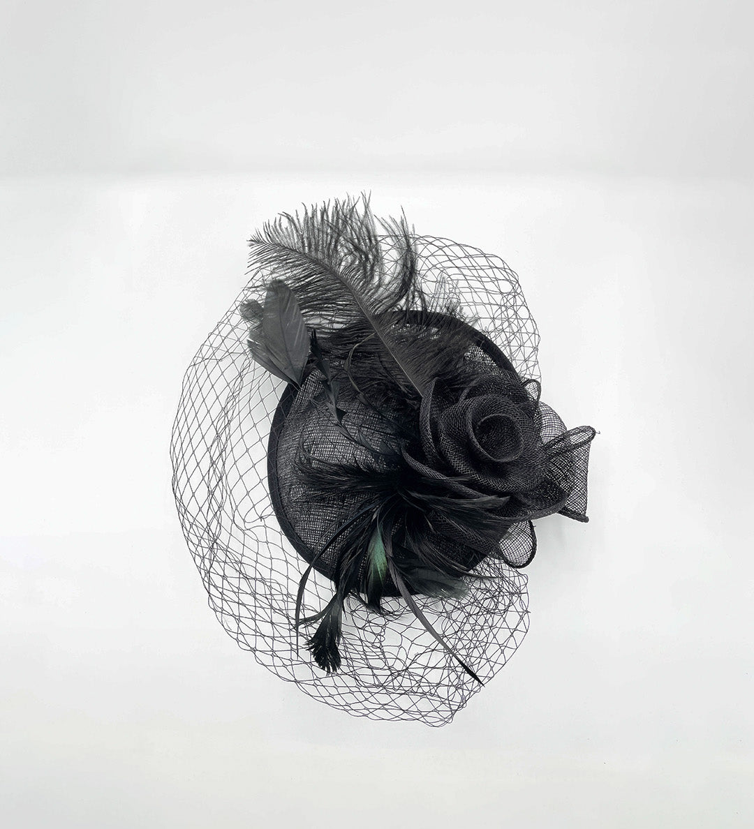 Large Feather & Net Disc Fascinator in Black