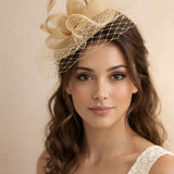 Bow Feather & Net Disc Fascinator in Gold