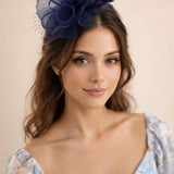 Double Flower Feather Fascinator in Navy