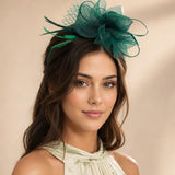 Double Flower Feather Fascinator in Dark Green