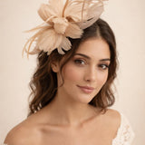 Floral Feather Fascinator with Loops in Nude