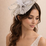 Floral Feather Fascinator with Loops in Light Grey