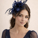 Floral Feather Fascinator with Loops in Navy