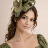 Floral Feather Fascinator with Loops in Olive Green