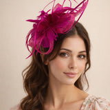 Floral Feather Fascinator with Loops in Fuchsia
