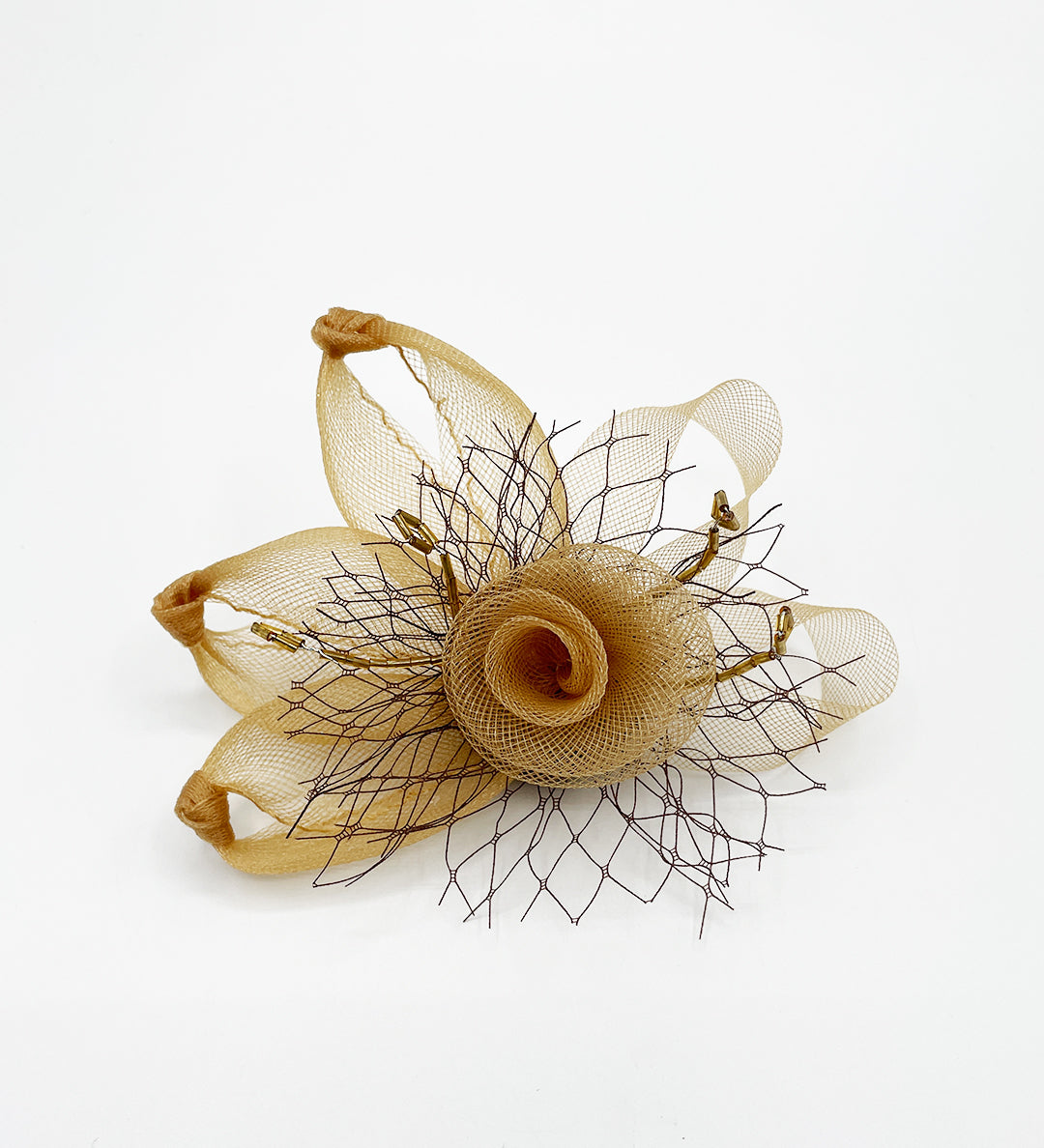 Rosette with Netting Fascinator & Brooch in Gold