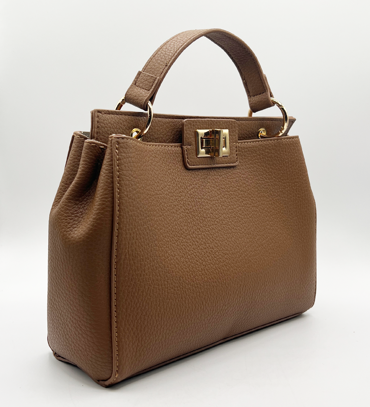 Brown faux leather handbag with gold trim - svnx