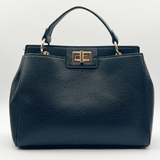 Black faux leather handbag with gold trim - svnx