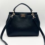 Black faux leather handbag with gold trim - svnx