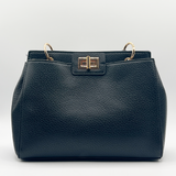 Black faux leather handbag with gold trim - svnx