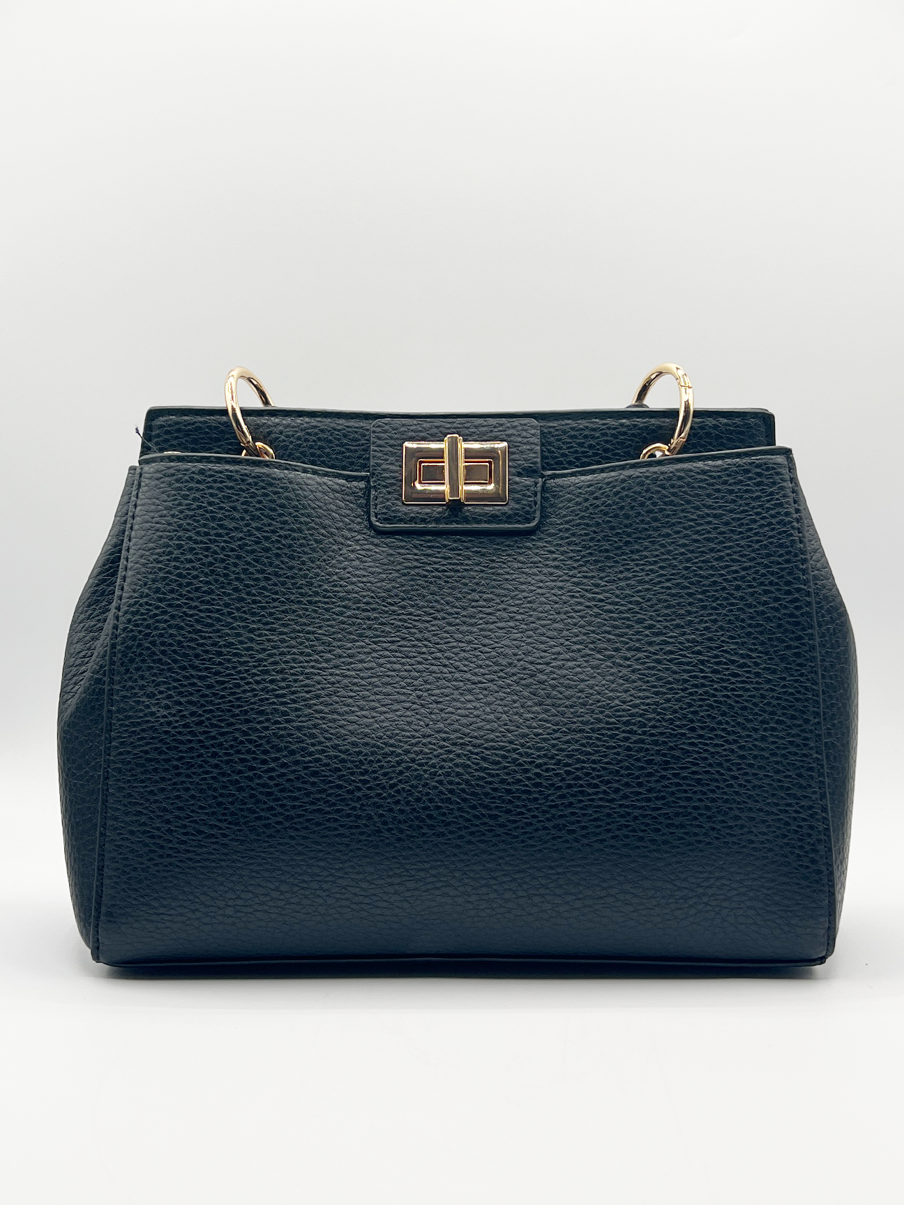 Black faux leather handbag with gold trim - svnx