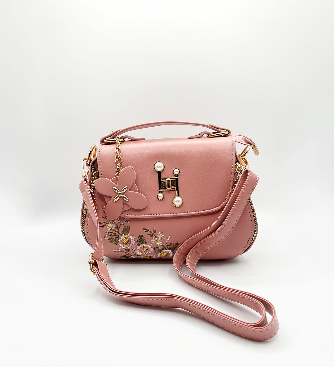 Embroidered Shoulder Bag With Zip Charms in Pink