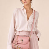 Embroidered Shoulder Bag With Zip Charms in Pink