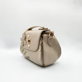 Embroidered Shoulder Bag With Zip Charms in Beige