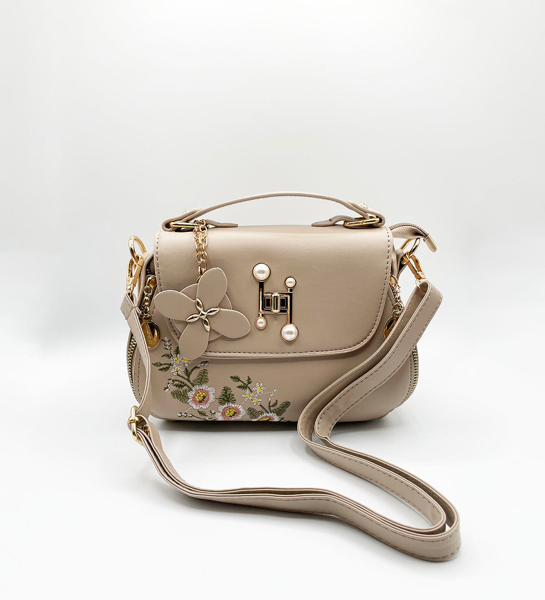 Embroidered Shoulder Bag With Zip Charms in Beige