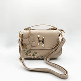 Embroidered Shoulder Bag With Zip Charms in Beige