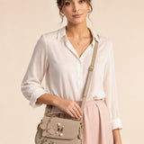 Embroidered Shoulder Bag With Zip Charms in Beige