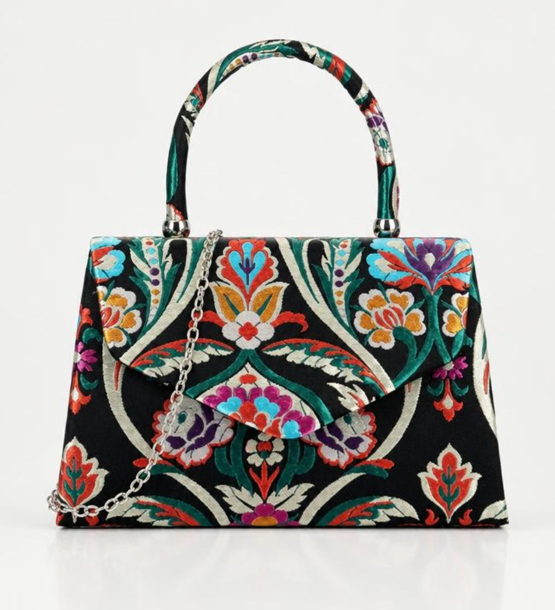 Floral Satin Embroidered Top Handle Bag - svnx