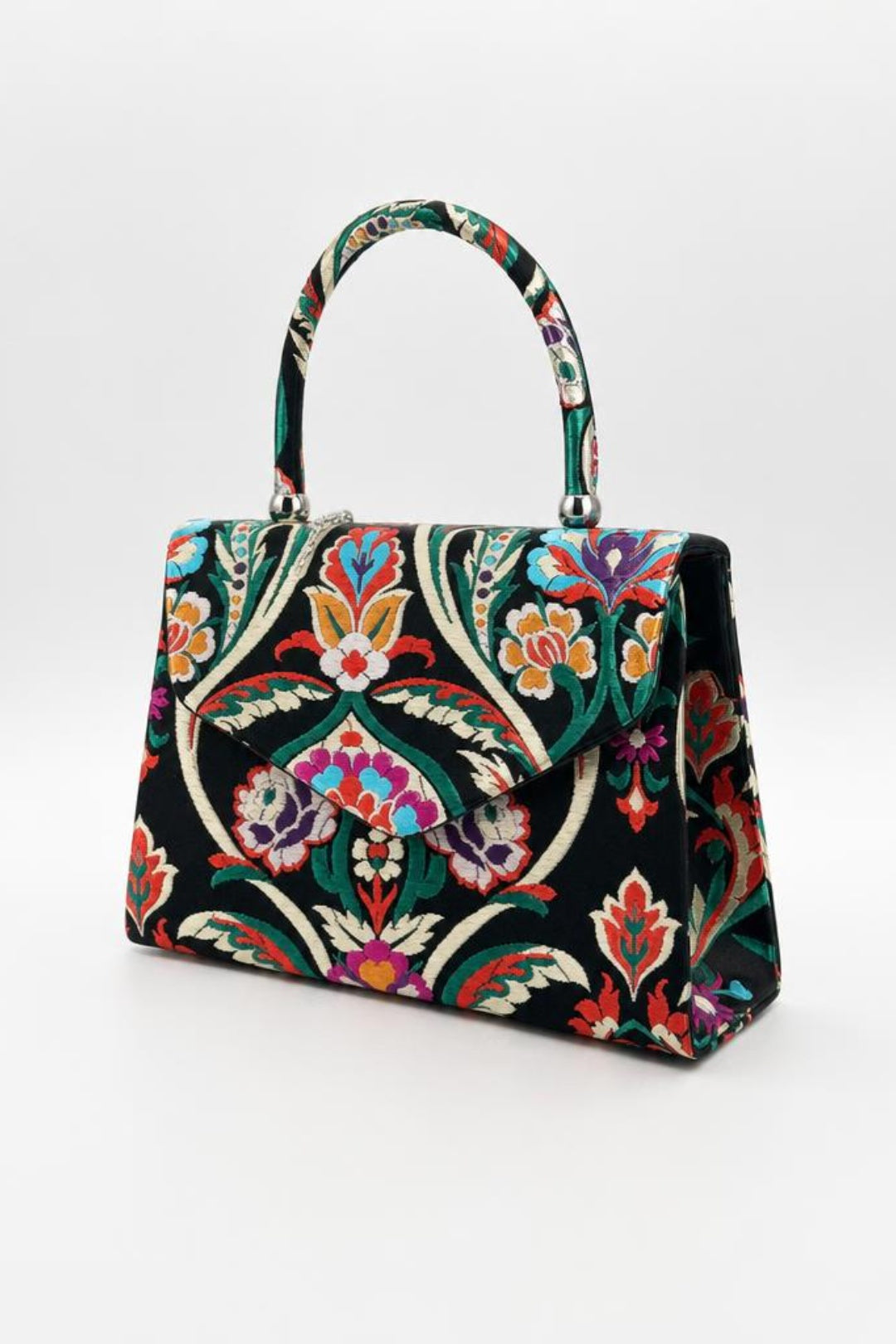Floral Satin Embroidered Top Handle Bag - svnx