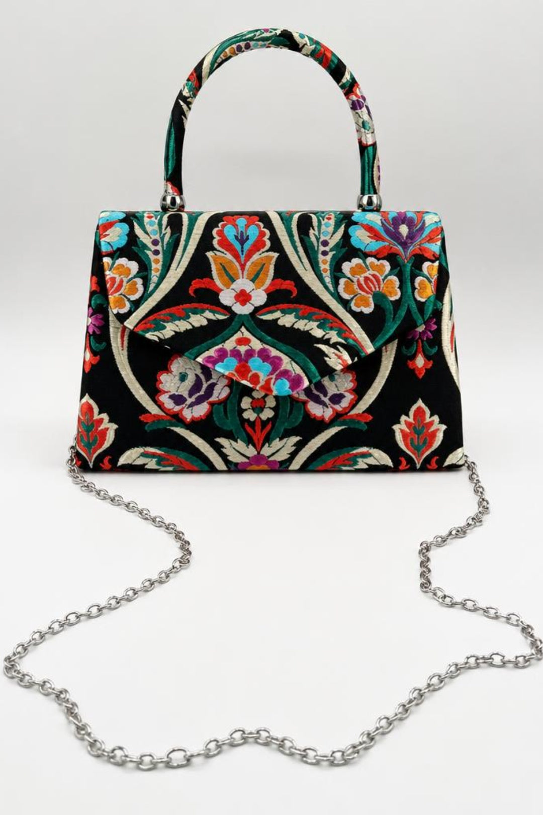 Floral Satin Embroidered Top Handle Bag - svnx