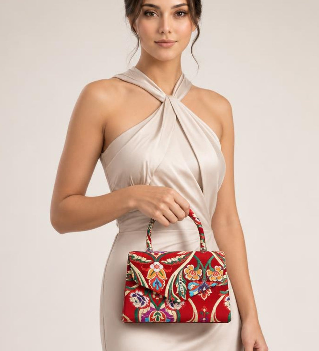 Floral Satin Embroidered Top Handle Bag - svnx