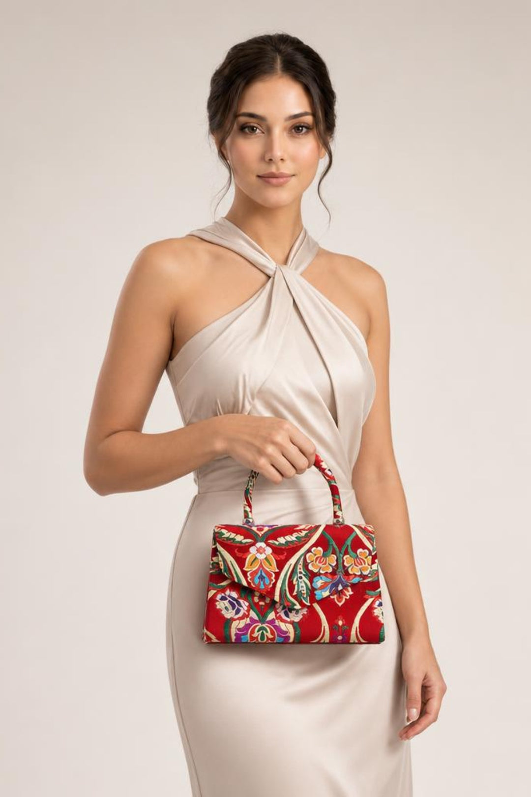 Floral Satin Embroidered Top Handle Bag - svnx