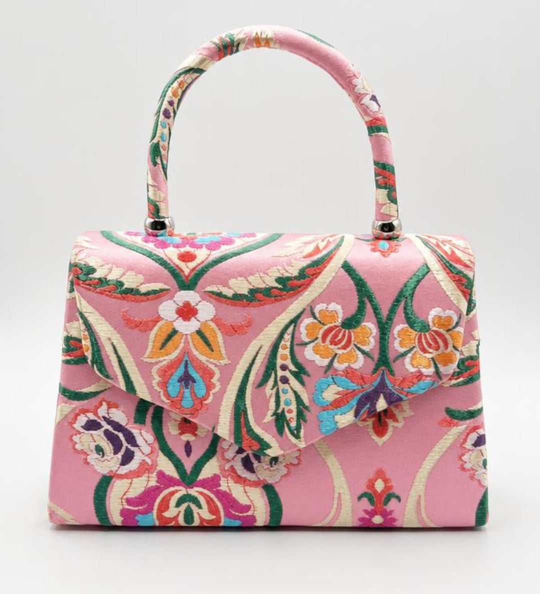 Floral Satin Embroidered Top Handle Bag - svnx