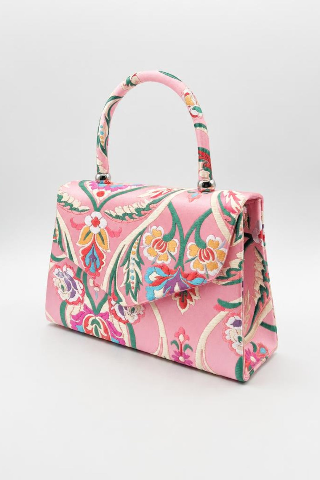 Floral Satin Embroidered Top Handle Bag - svnx
