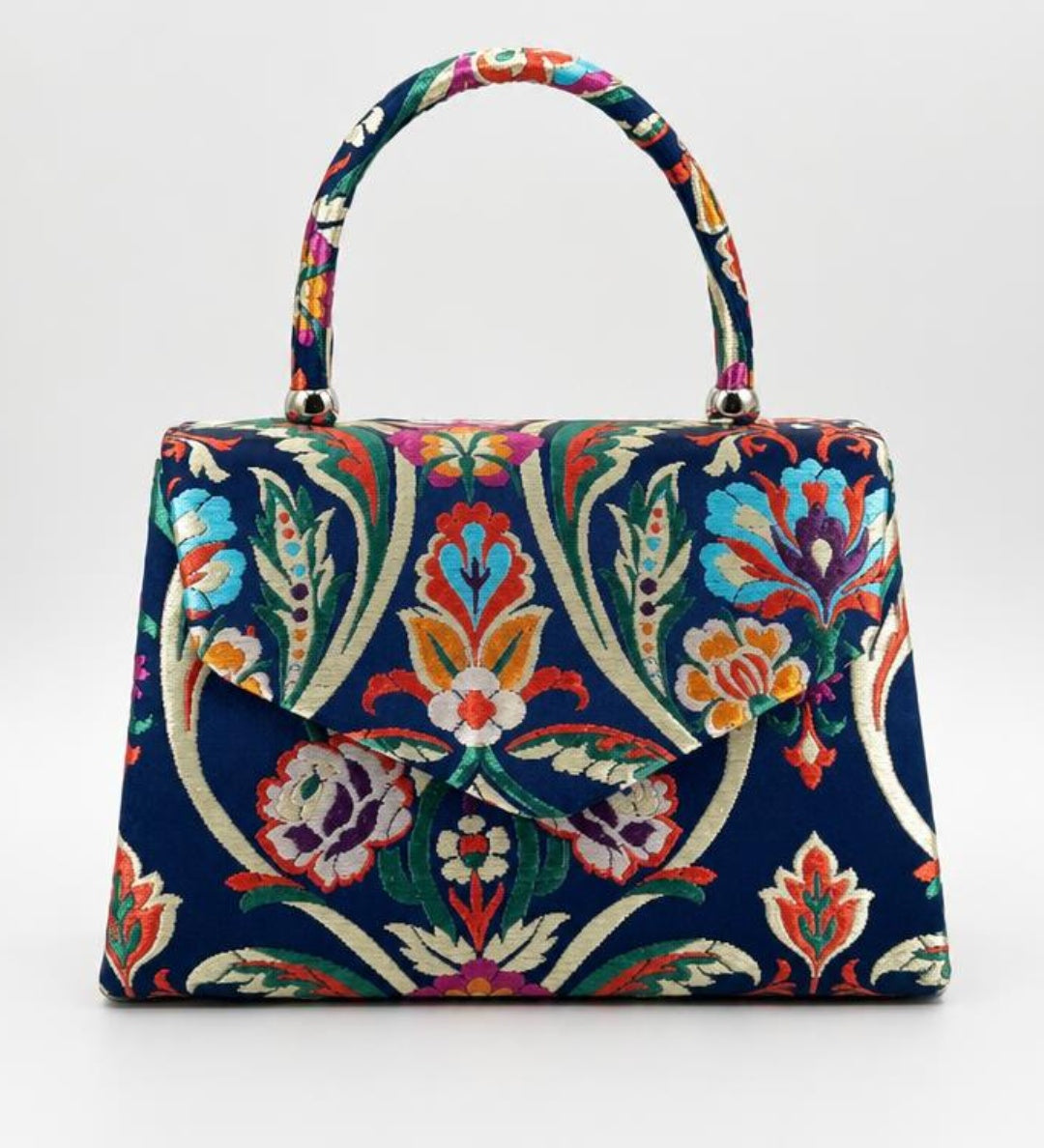 Floral Satin Embroidered Top Handle Bag - svnx