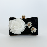 Square clutch Bag with 3D florals and Rhinestone handle in Black