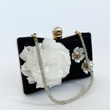 Square clutch Bag with 3D florals and Rhinestone handle in Black