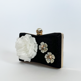 Square clutch Bag with 3D florals and Rhinestone handle in Black