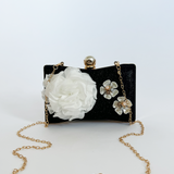 Square clutch Bag with 3D florals and Rhinestone handle in Black