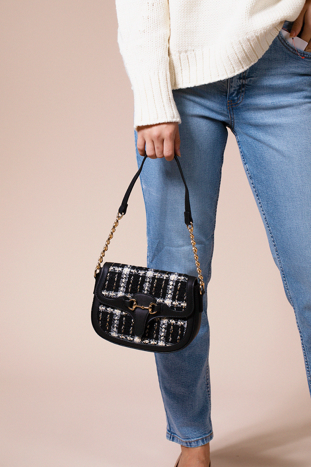 Knit Check Shoulder Bag in Black White - svnx